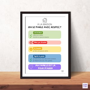 Könnte beinhalten: Gerahmtes Poster mit dem französischen Text "À LA MAISON ON SE PARLE AVEC RESPECT". Das Poster hat einen weißen Hintergrund mit farbigen Textblöcken und Symbolen, darunter ein Haus und ein Herz. Der Rahmen ist dunkelbraun.