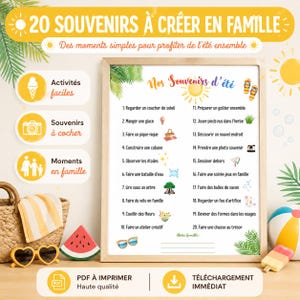 Peut inclure: Une liste d'activités estivales à imprimer intitulée 20 SOUVENIRS À CRÉER EN FAMILLE, présentant 20 éléments numérotés avec des icônes, des feuilles de palmier, un soleil et des tongs, dans un cadre en bois clair avec une décoration estivale.
