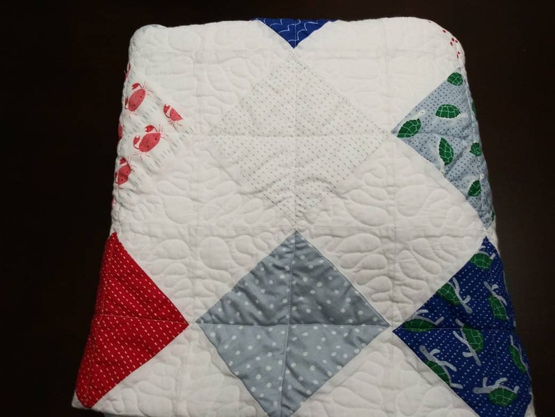 Quilt for Sale Modern Baby Quilt Moda Ahoy Fabric Line Nautical OceanSea Themed Unisex baby throw,with Crabs Whales and Turtles
