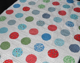 Modern Quilted Throw/ Handmade Quilt Red White and Blue and Green Quilt. Toddler Boy Blanket