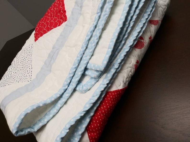 Quilt for Sale Modern Baby Quilt Moda Ahoy Fabric Line Nautical OceanSea Themed Unisex baby throw,with Crabs Whales and Turtles