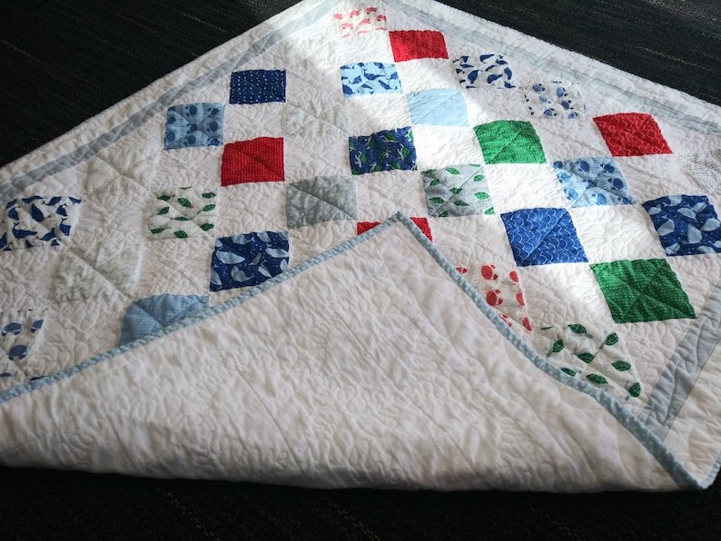 Quilt for Sale Modern Baby Quilt Moda Ahoy Fabric Line Nautical OceanSea Themed Unisex baby throw,with Crabs Whales and Turtles