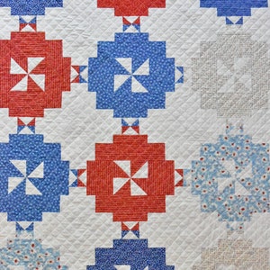 Modern Quilted Throw/ Handmade Quilt Red White and Blue Quilt