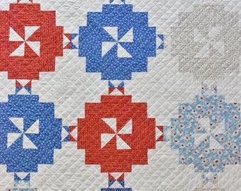 Modern Quilted Throw/ Handmade Quilt Red White and Blue Quilt