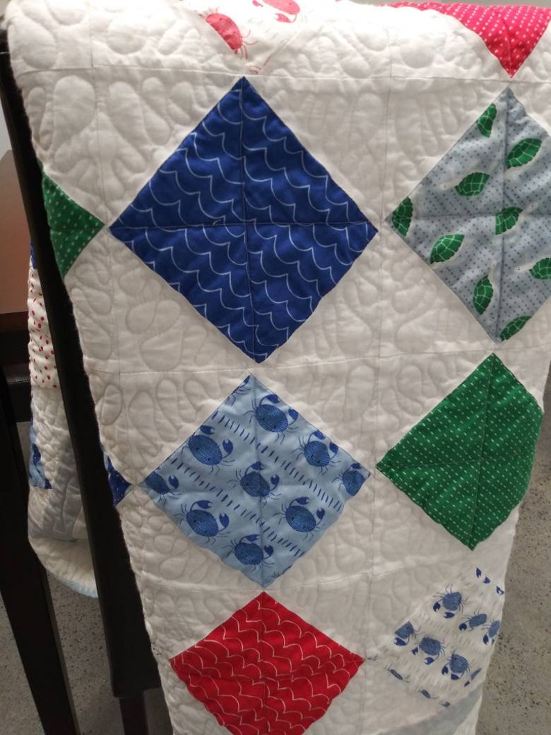 Quilt for Sale Modern Baby Quilt Moda Ahoy Fabric Line Nautical OceanSea Themed Unisex baby throw,with Crabs Whales and Turtles