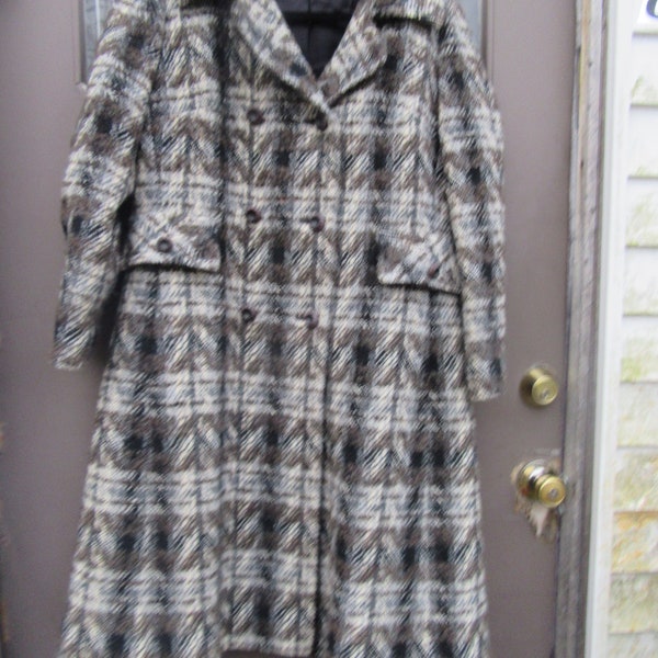 Vintage 1960s black brown white Plaid Wool  Coat     by Lorendale LARGE