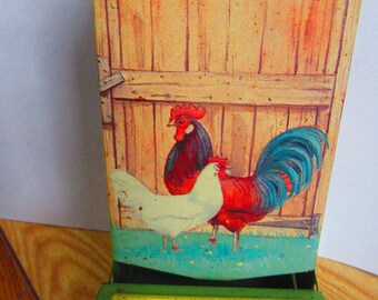 vintage metal tin Jasco matchbox holder w rooster  chicken on farm