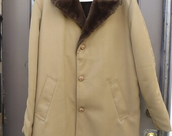 1970s  Vintage  LAKESHIRE brown Car Coat,  Faux Fur Lining and Collar sz  48