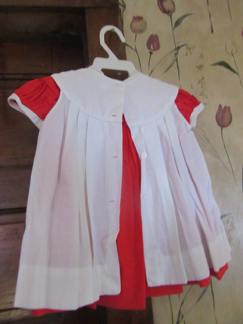 Suzy Brooks By Suzanne Godart Vintage Girls Dress 1950s 2 PC Red with pinafore image 3
