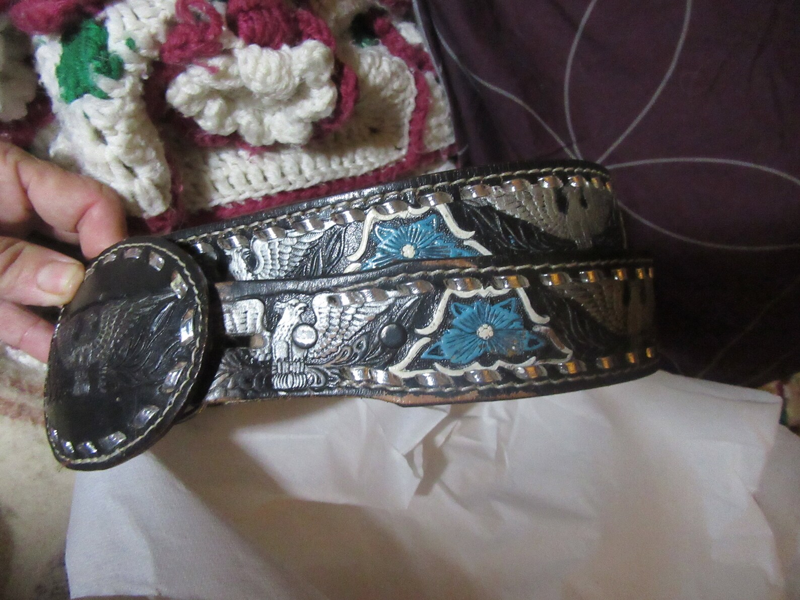 Vtg Mallory Western Tooled Silver Braided Edge Belt Buckle W Eagle With