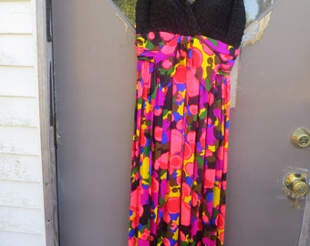 1960s sexy boho hippie designer   Futura Couture of NY Evening Maxi Dress  COLORFUL   psychedelic  art    sz  10