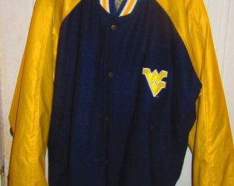 Vintage 1990s West Virginia University  Steve Barrys wool n Faux Leather College Varsity Bomber Jacket / sz xlarge