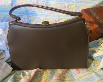 1950  60s brown    Vinyl Handbag - Structured Frame Bag - Early 1960s Theodore of California kelly bag