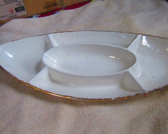 Mid century modern party serving dish/lid Atomic style long white gold trim 1950 1960:atomic  era unique