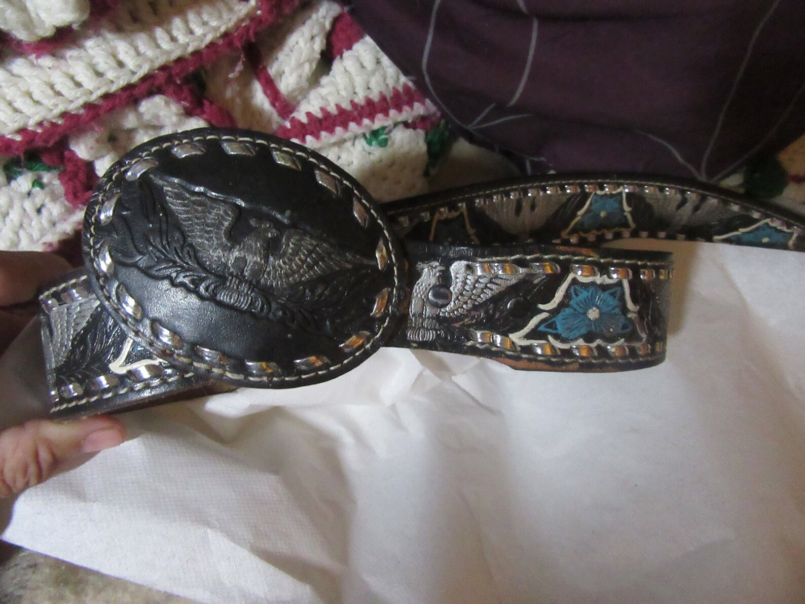 Vtg Mallory Western Tooled Silver Braided Edge Belt Buckle W Eagle With