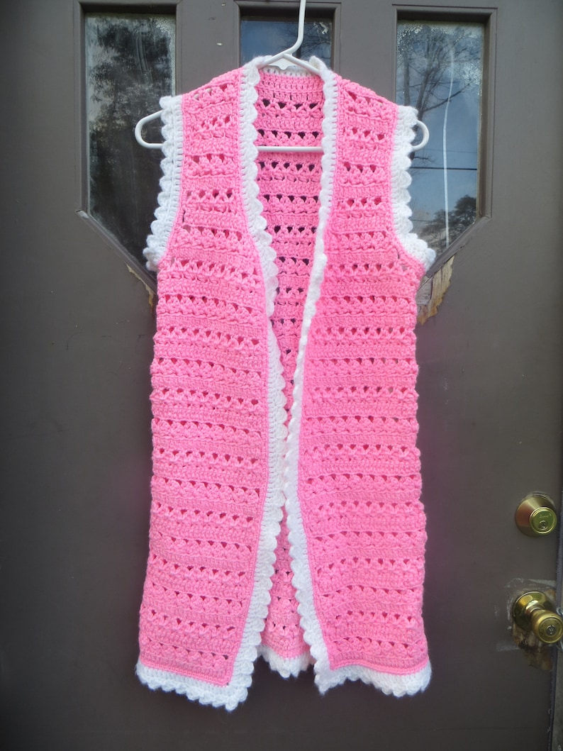 vintage 70s unworn long hot pink white trim hand crochet long hippie boho vest hippiehipster coat jacket vest