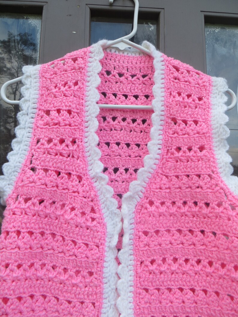 vintage 70s unworn long hot pink white trim hand crochet long hippie boho vest hippiehipster coat jacket vest