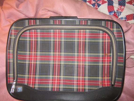 vtg 50s era red black plaid suitcase by LEEDS  22… - image 1