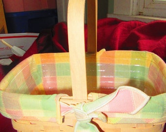 2002  Longaberger   LARGE ALL  natural Easter SPRNG basket pastel plaid  lining and protector