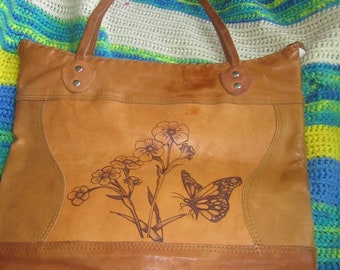 Vintage handtooled leather hippie boho handbag BUTTERFLY  and floral design