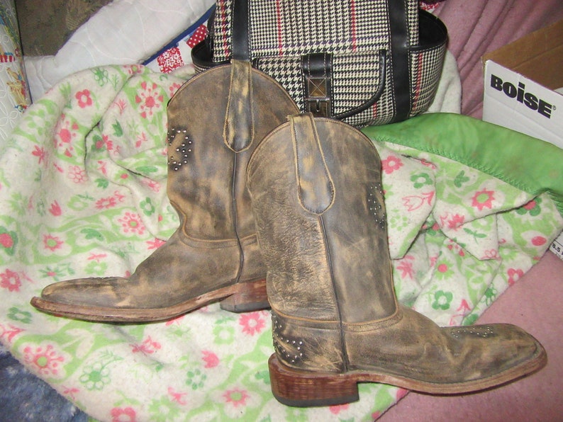 vintage 80s   Lagrange Square Toe  Distressed Cowboy LEATHER Boots STUDDED DESIGNS sz 10 mens