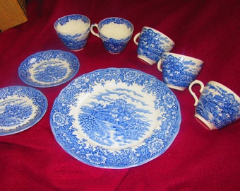 Vintage Blue and White English Village, Olde Staffordshire,  TOTAL 8 PIECES