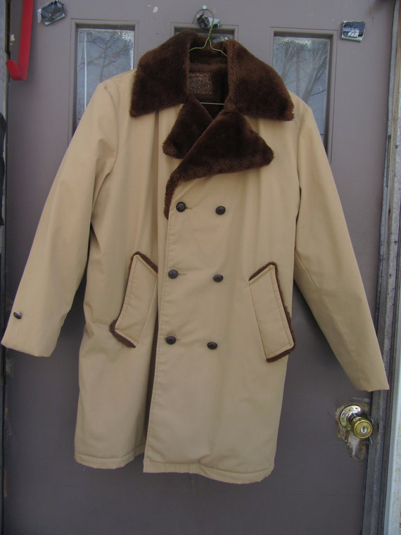 Vintage 1970s  Khaki brown men's Faux Fur Lined r… - image 1