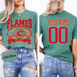 Personalized Comfort Colors® Calgary Flames T-Shirt | Comfort Colors T-Shirt for Hockey Fans | Custom Number | Retro Team Shirt