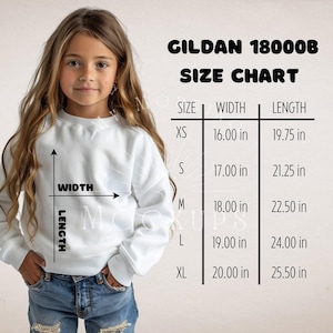May include: Size chart for Gildan 18000B sweatshirts, showing measurements in inches for width and length for sizes XS, S, M, L, and XL.