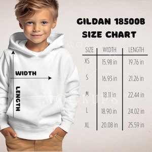 May include: Size chart for Gildan 185008 hoodies. The chart shows the width and length in inches for sizes XS, S, M, L, and XL.
