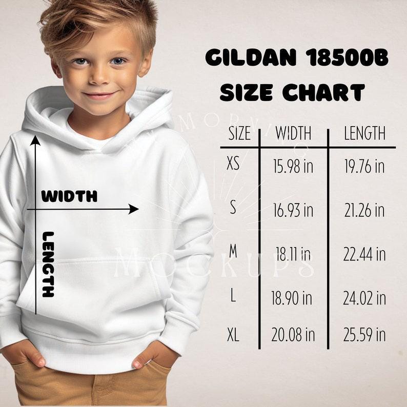 May include: Size chart for Gildan 185008 hoodies. The chart shows the width and length in inches for sizes XS, S, M, L, and XL.