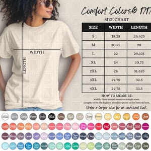 May include: A size chart for t-shirts with measurements in inches. The chart shows the width and length of the shirts in sizes S through 4XL. The text "Comfort Colors&reg; 1717" is at the top of the chart.