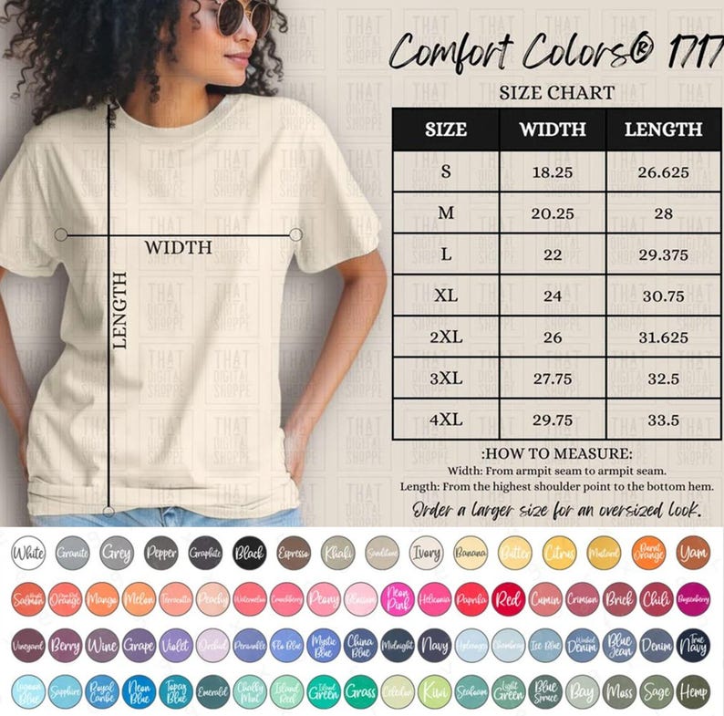 May include: A size chart for t-shirts with measurements in inches. The chart shows the width and length of the shirts in sizes S through 4XL. The text "Comfort Colors&reg; 1717" is at the top of the chart.