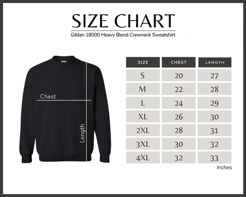 May include: Size chart for a Gildan 18000 Heavy Blend Crewneck Sweatshirt. The chart shows sizes S through 4XL with corresponding chest and length measurements in inches.