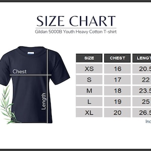 May include: Size chart for Gildan 5000B Youth Heavy Cotton T-shirt. The chart shows sizes XS through XL with corresponding chest and length measurements in inches.