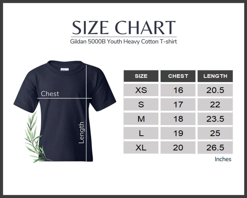 May include: Size chart for Gildan 5000B Youth Heavy Cotton T-shirt. The chart shows sizes XS through XL with corresponding chest and length measurements in inches.