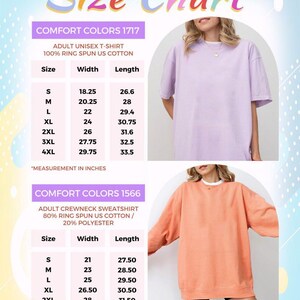 May include: Size chart for unisex t-shirts and crewneck sweatshirts. The chart shows sizes S through 4XL with corresponding width and length measurements in inches. The t-shirt is light purple and the sweatshirt is peach.