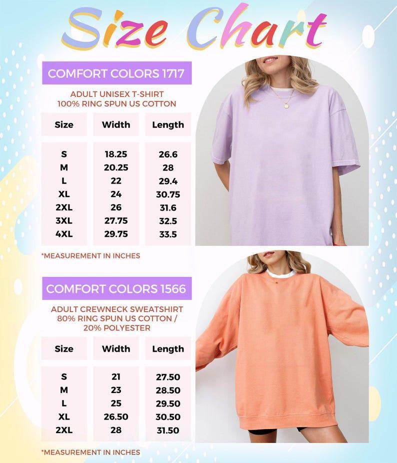 May include: Size chart for unisex t-shirts and crewneck sweatshirts. The chart shows sizes S through 4XL with corresponding width and length measurements in inches. The t-shirt is light purple and the sweatshirt is peach.