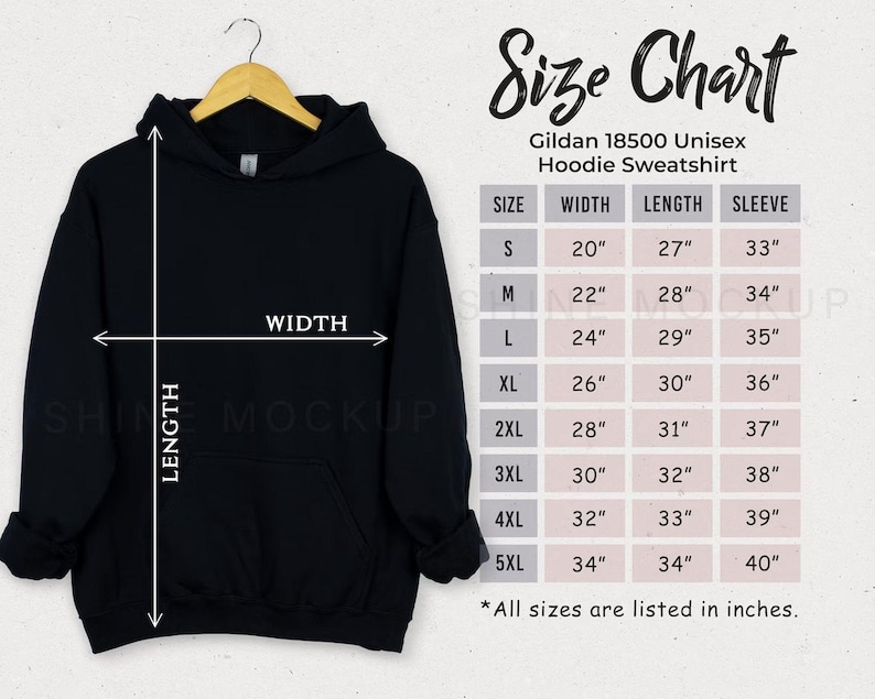 May include: Size chart for a black unisex hoodie sweatshirt. The chart shows the width, length, and sleeve length in inches for sizes S through 5XL.