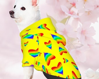 Celebrate Pride with Yellow Hearts Dog Hoodie for Small Dog, Fashionable Dog Sweater, Perfect gift for Dog Lover, Fathers Day Gift