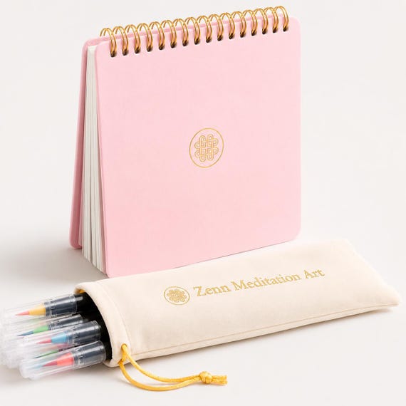 Mandala Coloring Self-Journaling Gift Set | Travel Square Size Spiral Notebook & Markers | Zenn Meditation Art