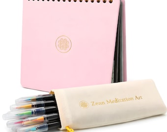 Mandala Coloring Self-Journaling Gift Set | Travel Square Size Spiral Notebook & Markers | Zenn Meditation Art
