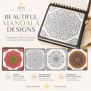Puede incluir: Un libro para colorear con encuadernaci&oacute;n en espiral titulado Zenn Meditation Art con dise&ntilde;os de mandalas en blanco y negro. La portada muestra un patr&oacute;n floral complejo. Se muestran cuatro p&aacute;ginas de muestra cuadradas, dos coloreadas y dos en l&iacute;nea.