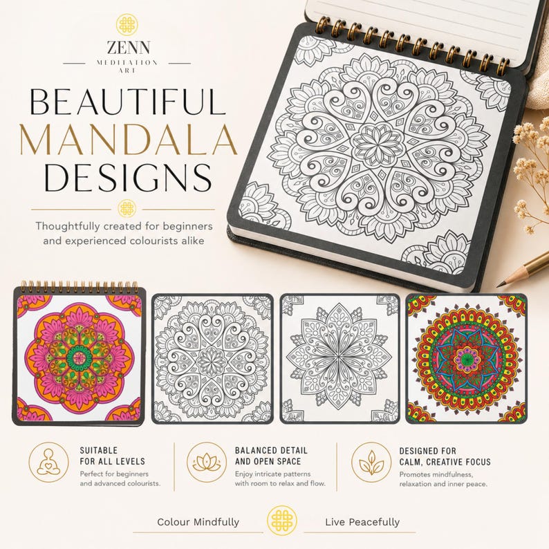 Puede incluir: Un libro para colorear con encuadernaci&oacute;n en espiral titulado Zenn Meditation Art con dise&ntilde;os de mandalas en blanco y negro. La portada muestra un patr&oacute;n floral complejo. Se muestran cuatro p&aacute;ginas de muestra cuadradas, dos coloreadas y dos en l&iacute;nea.