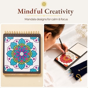 Puede incluir: Un libro de colorear cuadrado con espiral titulado Mindful Creativity: Mandala designs for calm & focus. La portada muestra un patr&oacute;n de mandala vibrante en azul, rosa y verde. Incluye un bol&iacute;grafo negro y un estuche azul oscuro con texto.