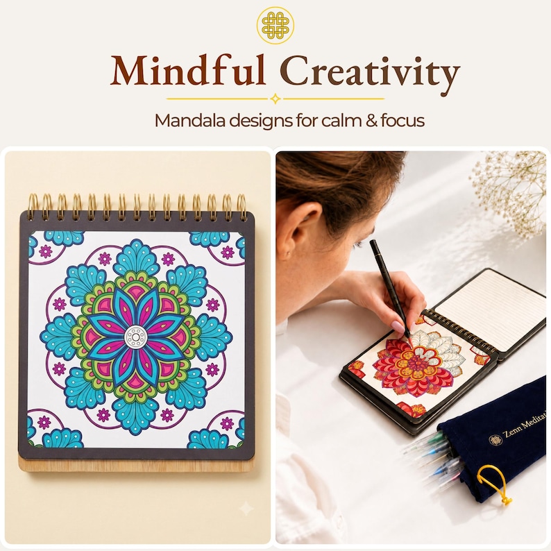 Puede incluir: Un libro de colorear cuadrado con espiral titulado Mindful Creativity: Mandala designs for calm & focus. La portada muestra un patr&oacute;n de mandala vibrante en azul, rosa y verde. Incluye un bol&iacute;grafo negro y un estuche azul oscuro con texto.