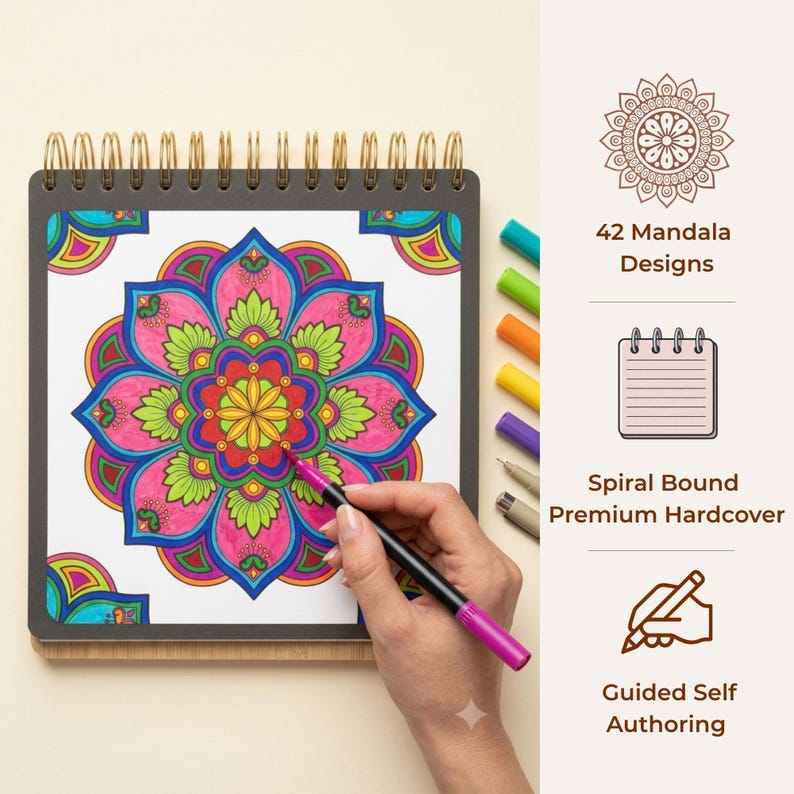 Puede incluir: Un libro de colorear cuadrado con encuadernaci&oacute;n en espiral y cubierta negra que presenta un dise&ntilde;o de mandala colorido en rosa, verde, azul y amarillo. El texto lateral dice 42 Mandala Designs, Spiral Bound Premium Hardcover y Guided Self Authoring.