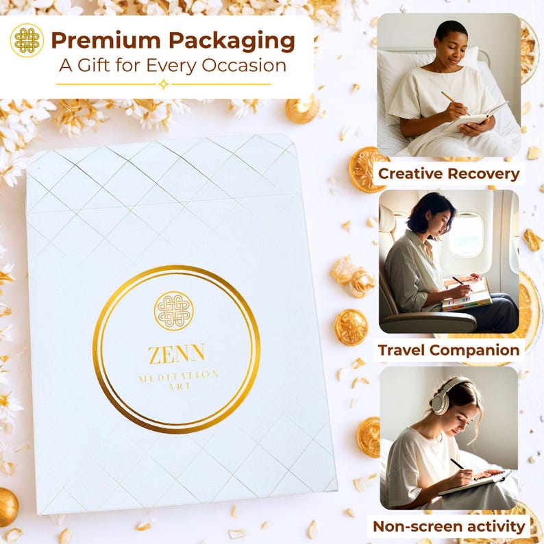 Puede incluir: Una caja rectangular blanca con un patr&oacute;n de cuadr&iacute;cula geom&eacute;trica dorada y un logotipo circular dorado central con el texto ZENN MEDITATION ART. El empaque se muestra junto a tres fotos de estilo de vida que representan la recuperaci&oacute;n creativa, los viajes y la actividad sin pantalla.