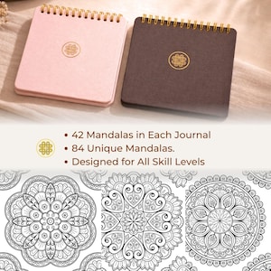 Puede incluir: Dos diarios cuadrados con encuadernaci&oacute;n en espiral, uno rosa claro y otro marr&oacute;n oscuro, cada uno con un emblema circular dorado en la portada. El texto indica: 42 Mandalas in Each Journal, 84 Unique Mandalas, Designed for All Skill Levels. Debajo se muestran tres patrones de mandalas en blanco y negro.