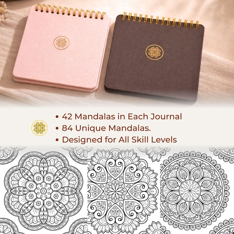 Puede incluir: Dos diarios cuadrados con encuadernaci&oacute;n en espiral, uno rosa claro y otro marr&oacute;n oscuro, cada uno con un emblema circular dorado en la portada. El texto indica: 42 Mandalas in Each Journal, 84 Unique Mandalas, Designed for All Skill Levels. Debajo se muestran tres patrones de mandalas en blanco y negro.